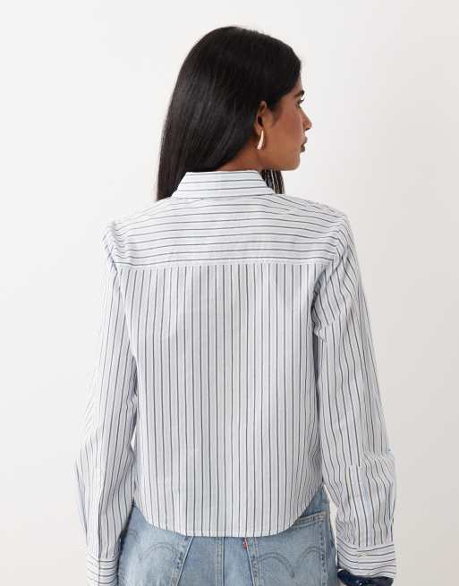 YAS bow detail boxy cotton shirt in blue and white stripe, 4 of 4