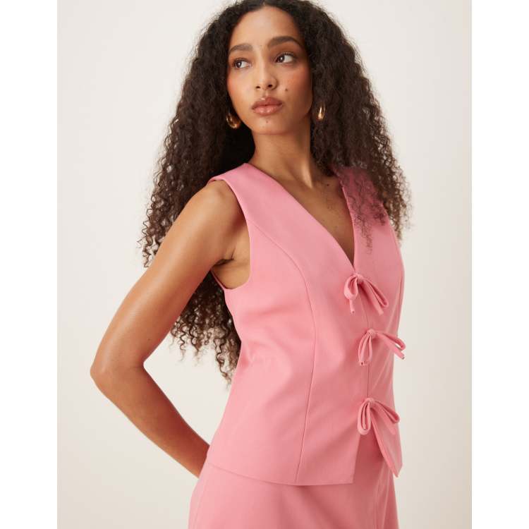 YAS bow front detail vest in bubblegum pink - part of a set