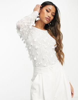 Y.A.S Bridal 3D floral long sleeve bodice top in white