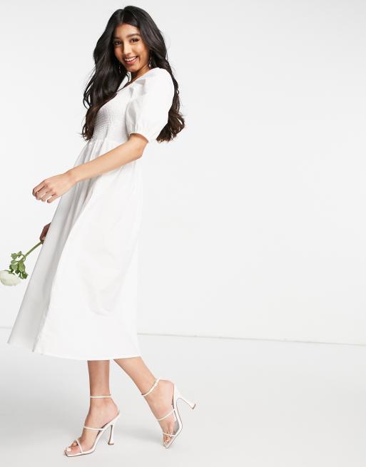 Y.A.S – Bridal – Biała popelinowa sukienka midi z marszczoną górą i bufkami