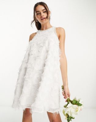Y.a.s. Bridal Faux Feather Mini Dress With Pearl Detail In White