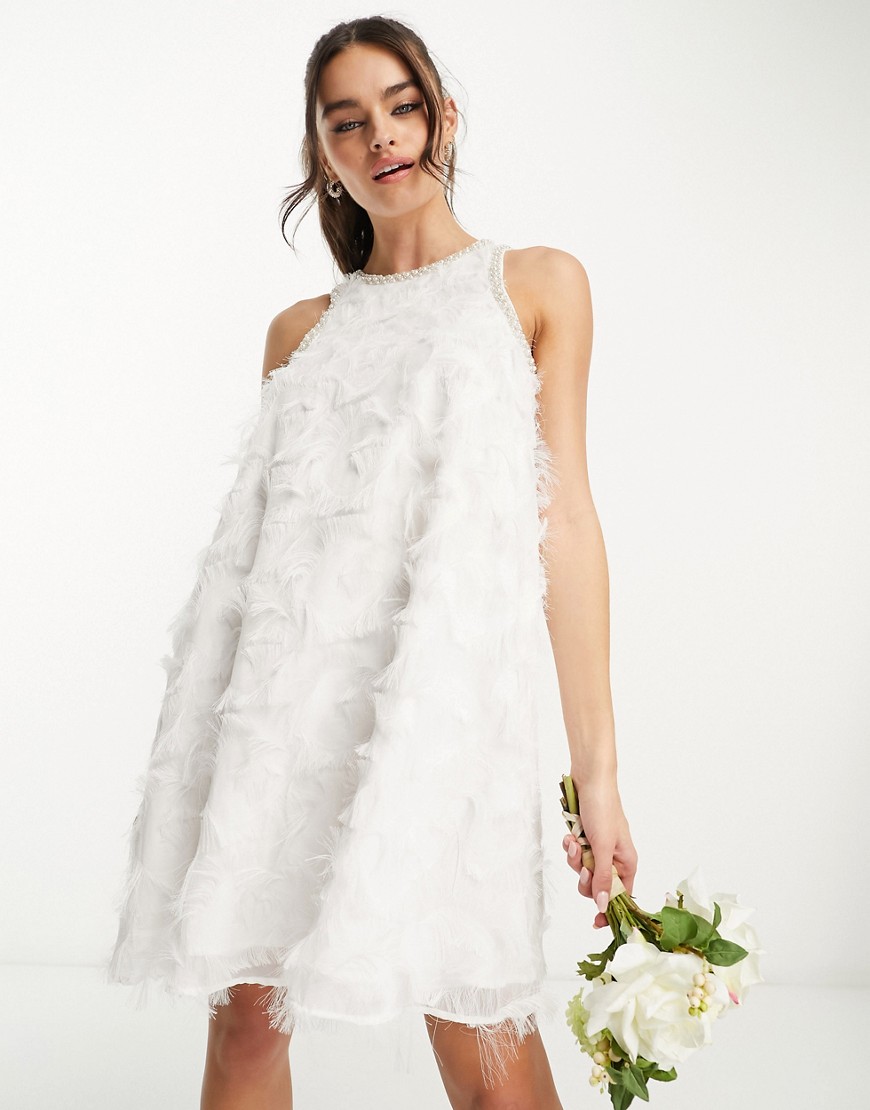 Y.A.S Bridal faux feather mini dress with pearl detail in white