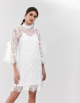 high neck white lace dress