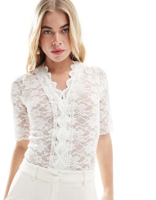 Y.A.S Bridal illusion lace mix bodysuit in white | ASOS