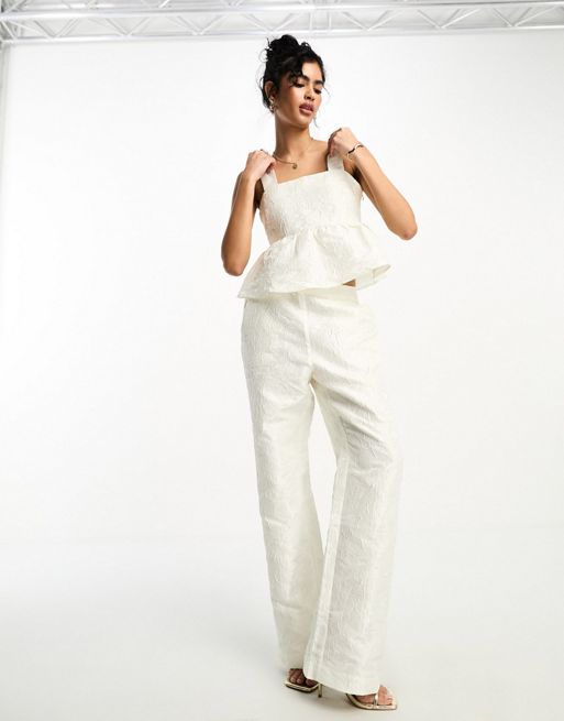 Y.A.S Bridal jacquard peplum top co-ord in white