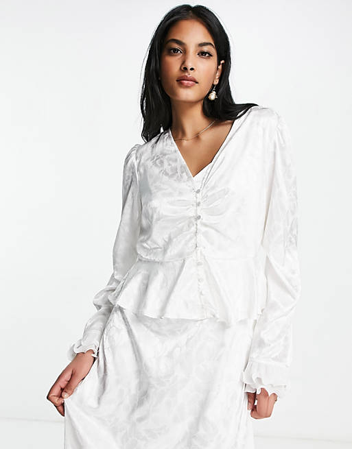 Y.A.S bridal jacquard satin shirt in white (part of a set) 