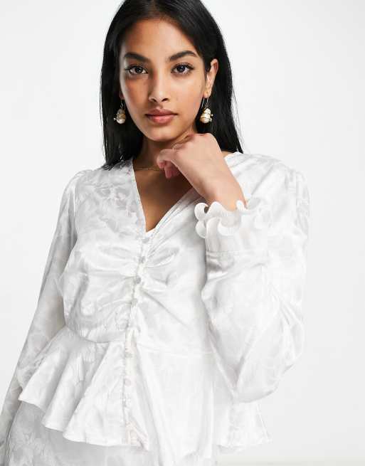 Y.A.S bridal jacquard satin shirt in white (part of a set) , 3 of 4