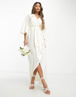YAS Y.A.S Bridal jacquard wrap midi dress in antique white