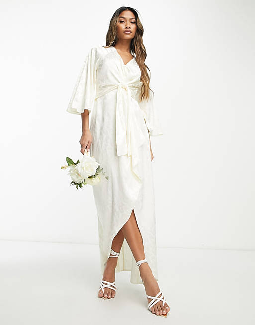 Y.A.S Bridal jacquard wrap midi dress in antique white