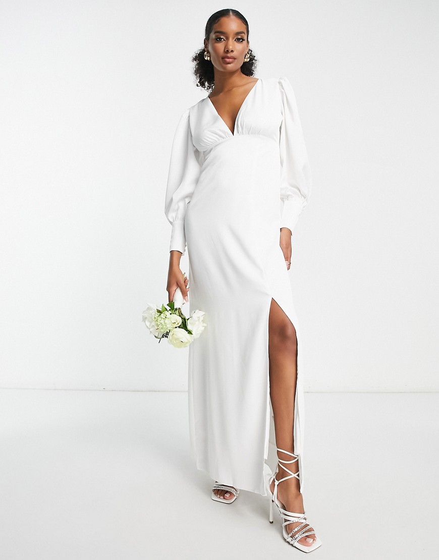 Y.A.S Bridal long sleeve satin maxi dress in white