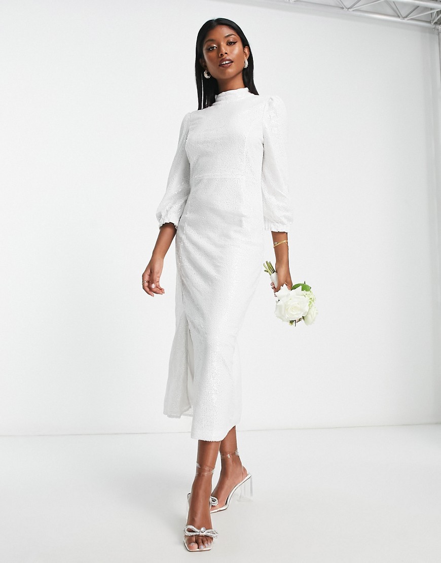 Y. A.S Bridal long sleeve sequin midi dress in white