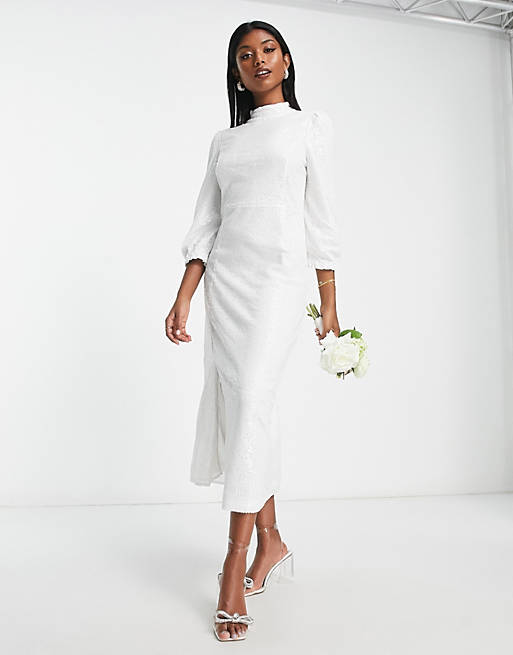Y.A.S Bridal long sleeve sequin midi dress in white