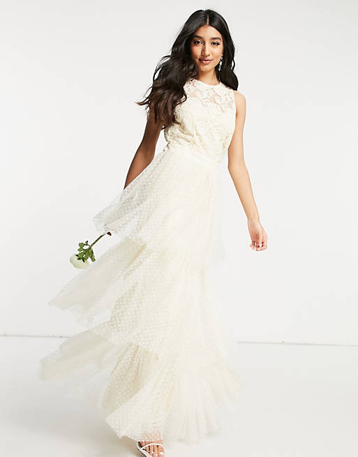 Y.A.S Bridal maxi dress with lace top and tulle tiered skirt in ivory