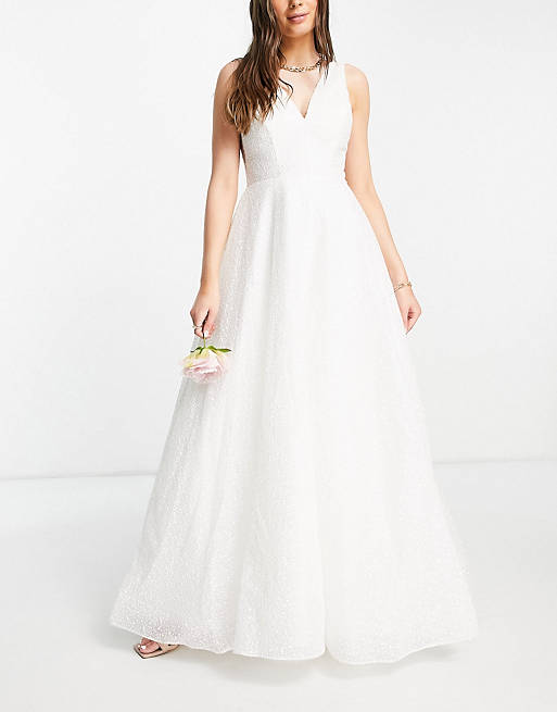 Y.A.S Bridal maxi dress with textured tulle skirt and v back in white