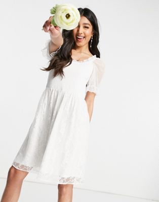 Y.A.S Bridal mini dress with shirred top mesh puff sleeve and lace skirt in white - ASOS Price Checker