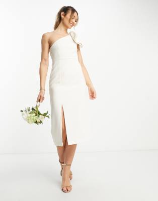 Y.A.S Bridal one shoulder bow detail midi dress in white