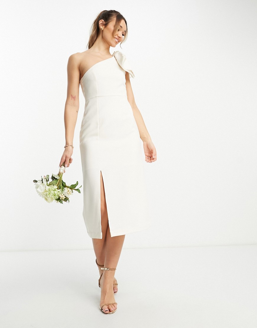 Y. A.S Bridal one shoulder bow detail midi dress in white