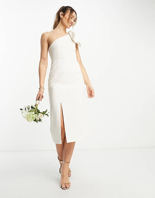 Y.A.S Bridal one shoulder bow detail midi dress in white