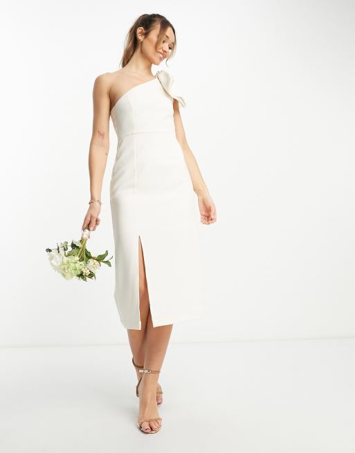 Y.A.S Bridal one shoulder bow detail midi dress in white ASOS