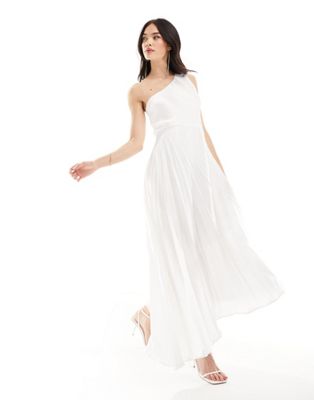 Bridal one shoulder pleated dress with asymmetric hem in white