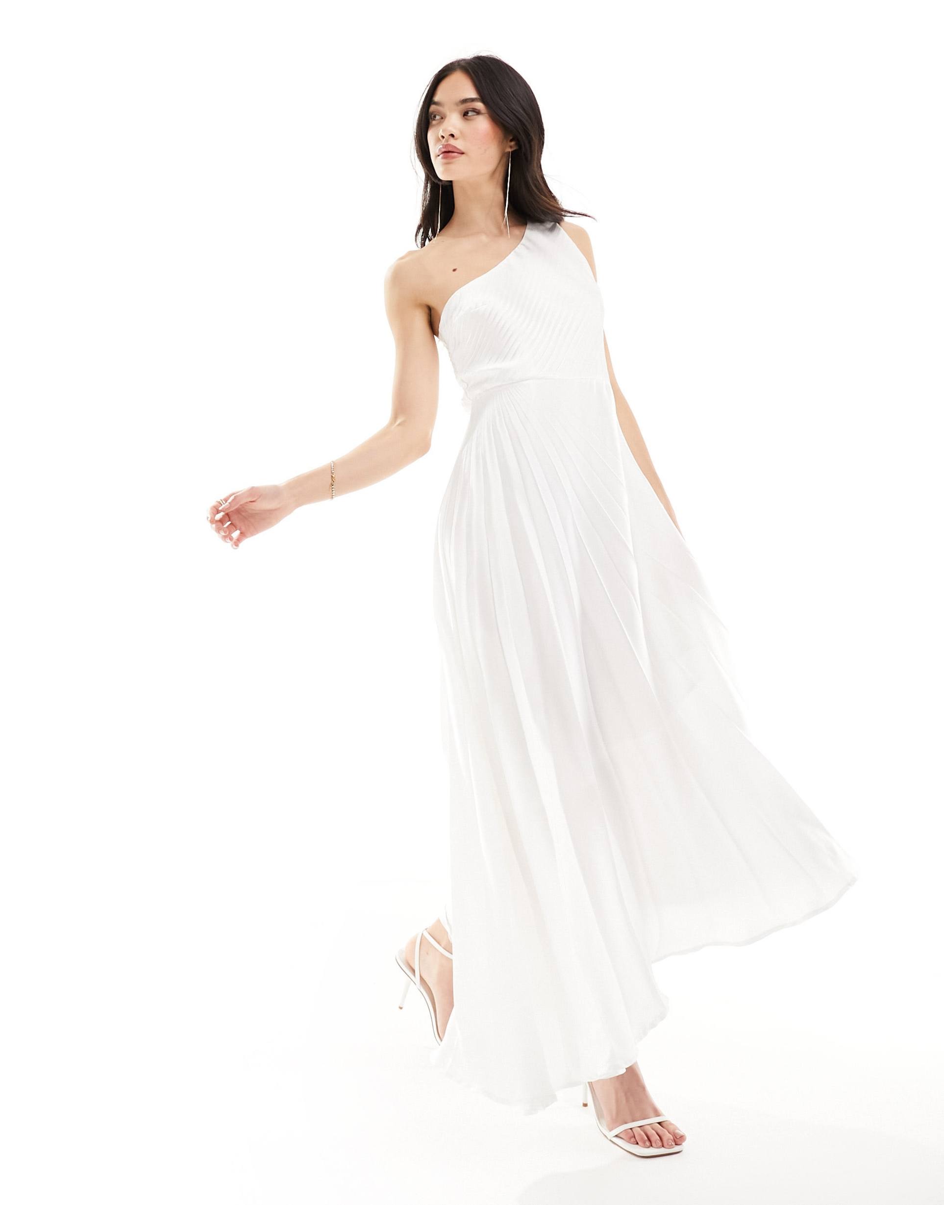 y.a.s bridal one shoulder pleated dress with asymmetric hem in white