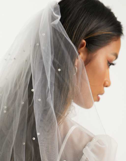 Y.A.S Bridal pearl detail longline veil in white, 2 of 4