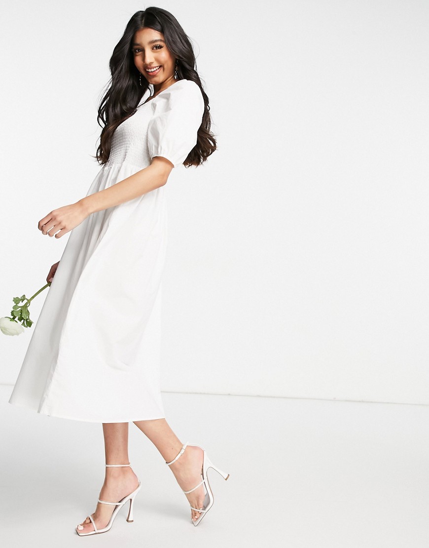 Y. A.S Bridal poplin midi dress with shirred top and puff sleeves in white
