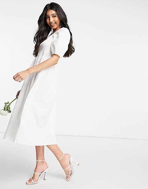 Y.A.S Bridal poplin midi dress with shirred top and puff sleeves in white