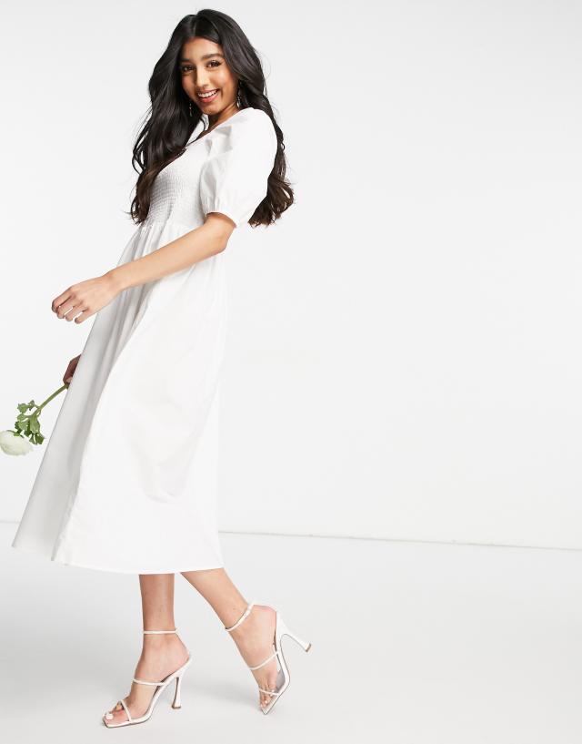 Y.A.S Bridal poplin midi dress with shirred top and puff sleeves in white