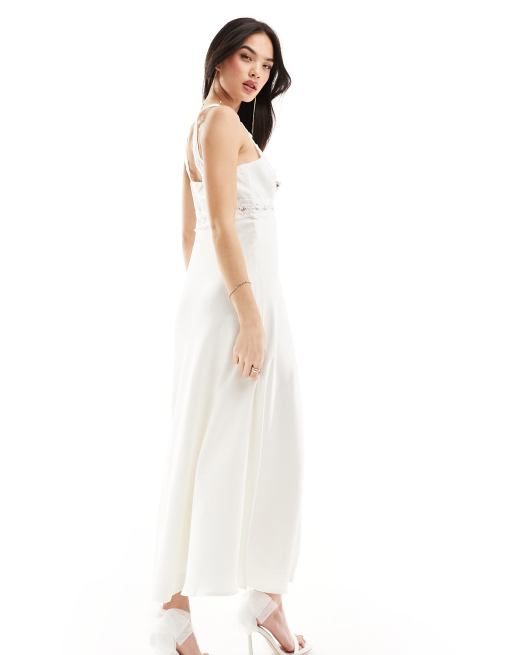 Y.A.S Bridal satin and lace mix cami midi dress in white, 4 of 4