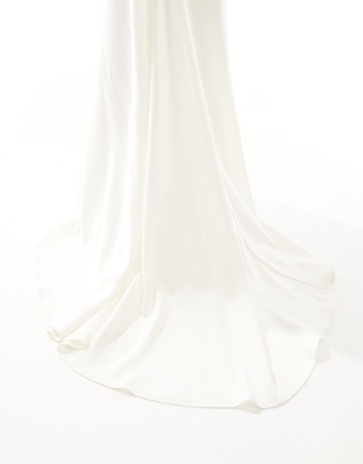 YAS Bridal satin maxi cami dress with train in white - WHITE, 3 of 4