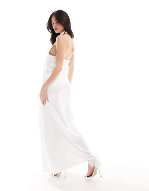 YAS Bridal satin maxi dress with halterneck drape scarf detail in white - WHITE, 4 of 4