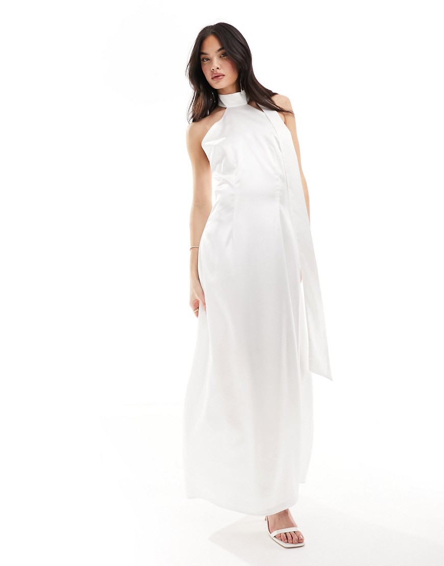 Y.a.s. Bridal Satin Maxi Dress With Halterneck Drape Scarf Detail In White