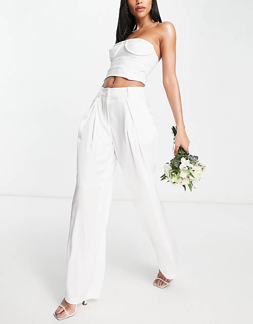 Y.A.S Bridal satin wide leg pants in white (Part of a set) 