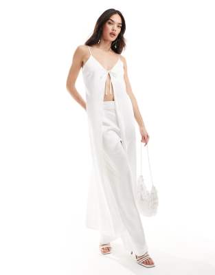 Y.A.S Bridal satin tie front maxi cami top and wide leg pants set with  train in white