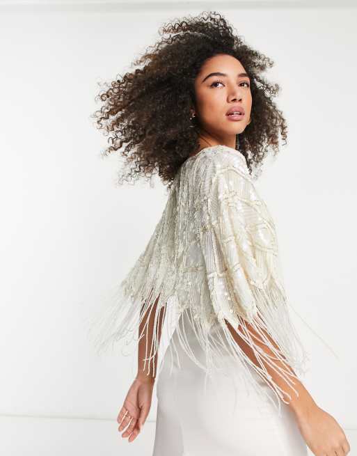 Y.A.S Bridal sequin fringe cape in white, 3 of 4