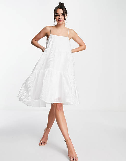 Designer Brands YAS Bridal textured strappy dress with dropped hem in white 