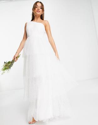 YAS Y.A.S Bridal tiered one shoulder dress in white