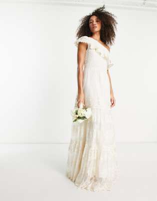 Y.A.S Bridal vintage lace one shoulder maxi dress in cream