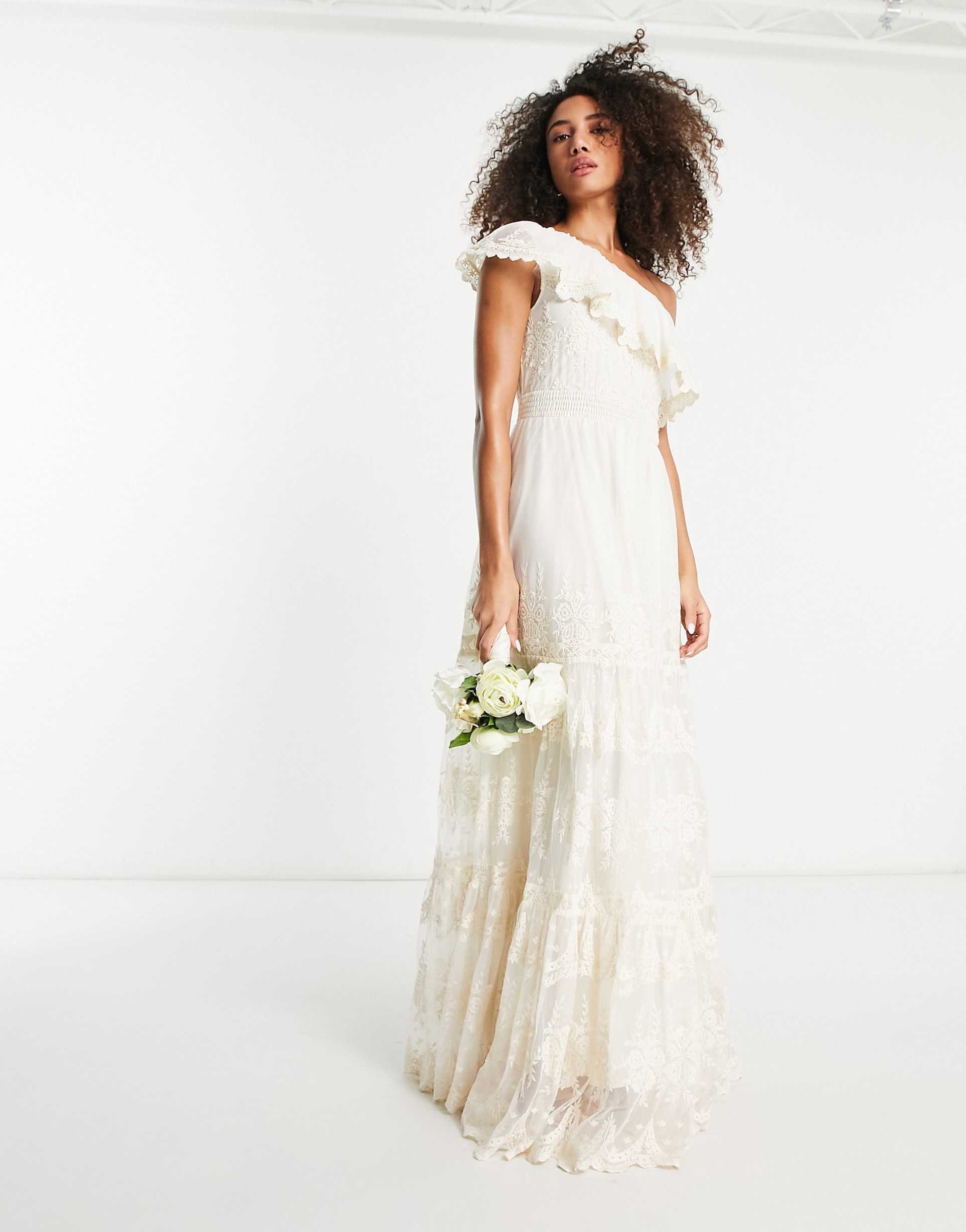Y.A.S Bridal vintage lace one shoulder maxi dress in cream view 2