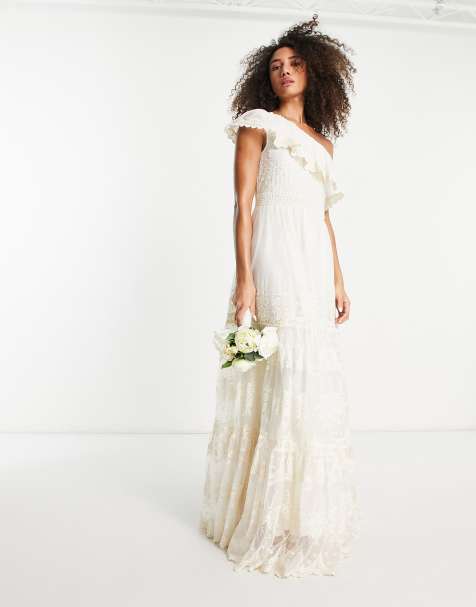 Y.A.S Bridal vintage lace one shoulder maxi dress in cream