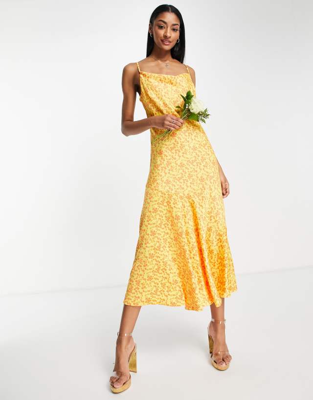 Y.A.S Bridesmaid cowl neck slip midi dress in orange floral