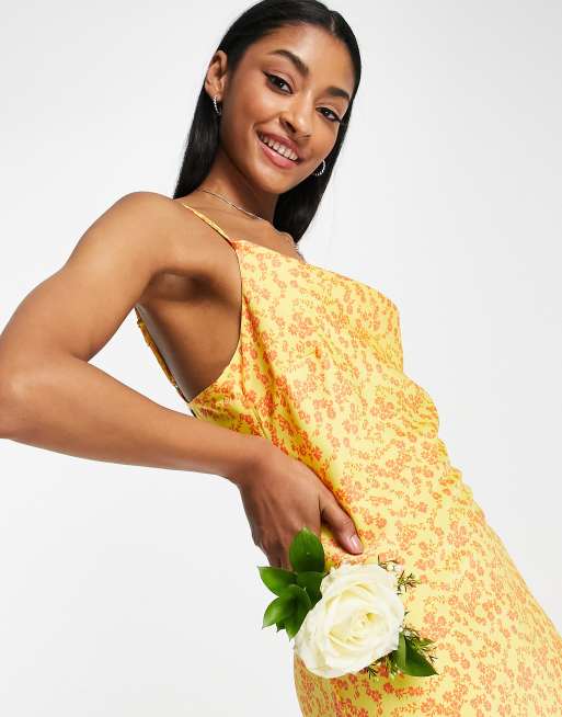 Y.A.S Bridesmaid cowl neck slip midi dress in orange floral