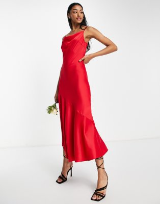 YAS Y.A.S Bridesmaid cowl neck slip midi dress in red