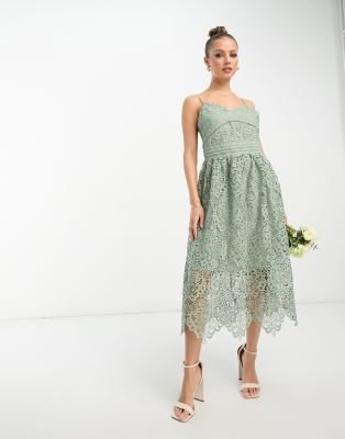 YAS Bridesmaid embroidered strappy midi dress in sage - LGREEN