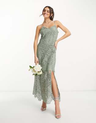 YAS Bridesmaid embroidered strappy pencil midi dress in sage - LGREEN