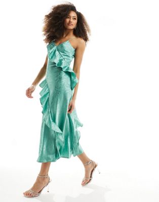 Y.A.S Bridesmaid jacquard cami maxi dress with ruffle detail in green