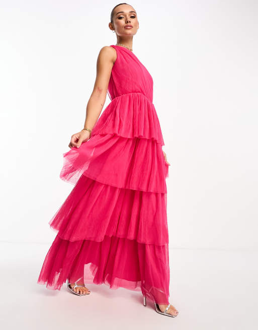 YAS – Bridesmaid – Maxi-Brautjungfernkleid aus Tüll in leuchtendem Rosa mit One-Shoulder-Träger