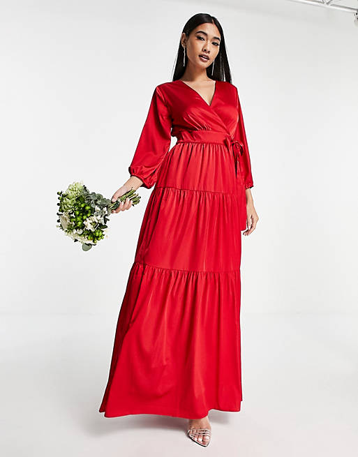 Y.A.S Bridesmaid maxi dress with cut out back and wrap front in red
