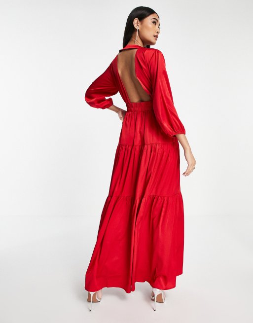 Y.A.S Bridesmaid maxi dress with cut out back and wrap front in red, 2 of 4